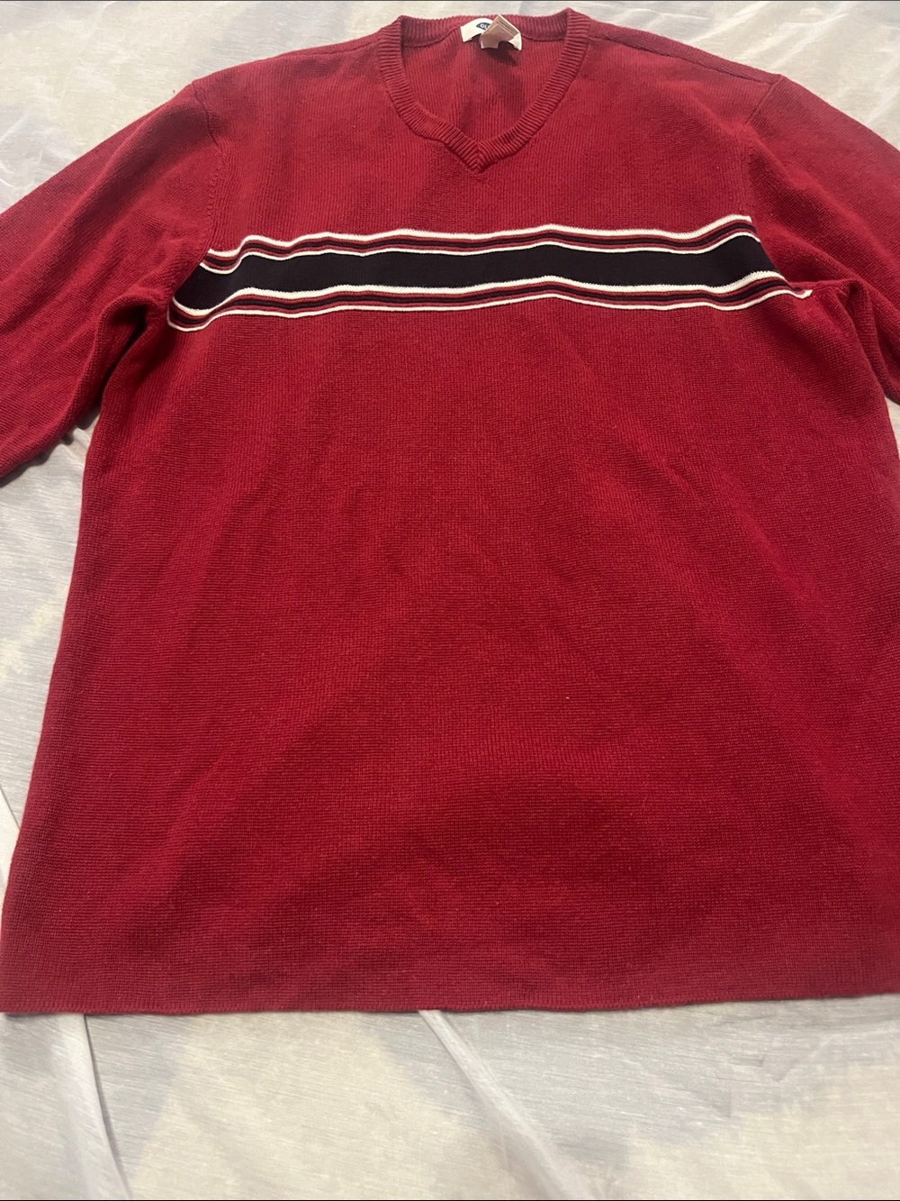Old Navy Men's Deep Red V-Neck Sweater with Black and White Chest Stripe